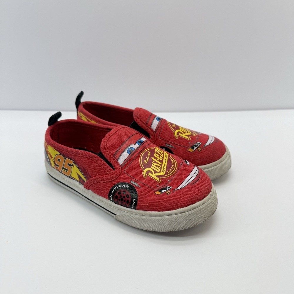 Disney Pixar Cars Lightning McQueen Canvas Slip On Shoes Piston Cup Youth Sz 10